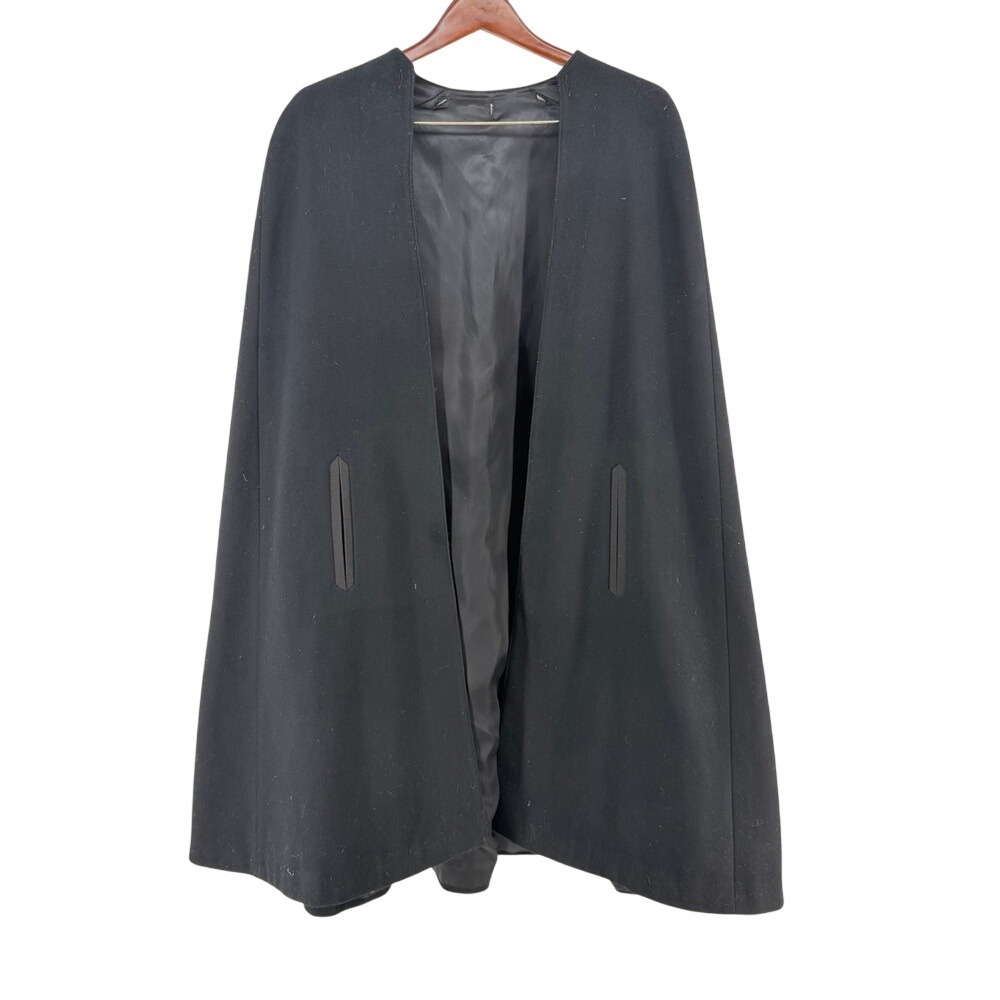 Vintage Black Wool Blend Cape Coat Open Front Arm Slits Mid Length Outerwear